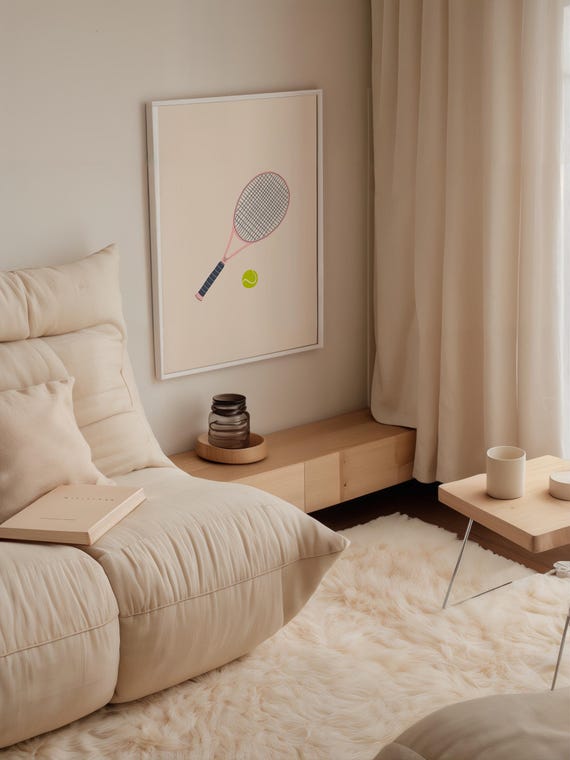 Pink Tennis Racket And Ball Print Modern Sports Decor Home Office Wall Art