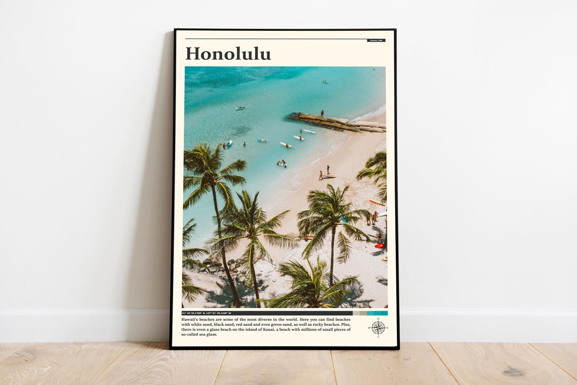 Honolulu Beach Aerial Palm Trees Turquoise Ocean Hawaii Poster