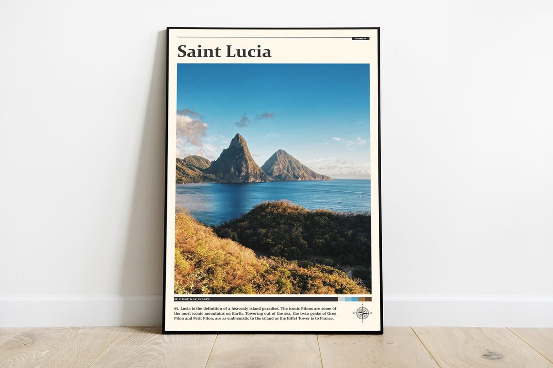 Saint Lucia Pitons Twin Peaks Ocean View Caribbean Photography Poster