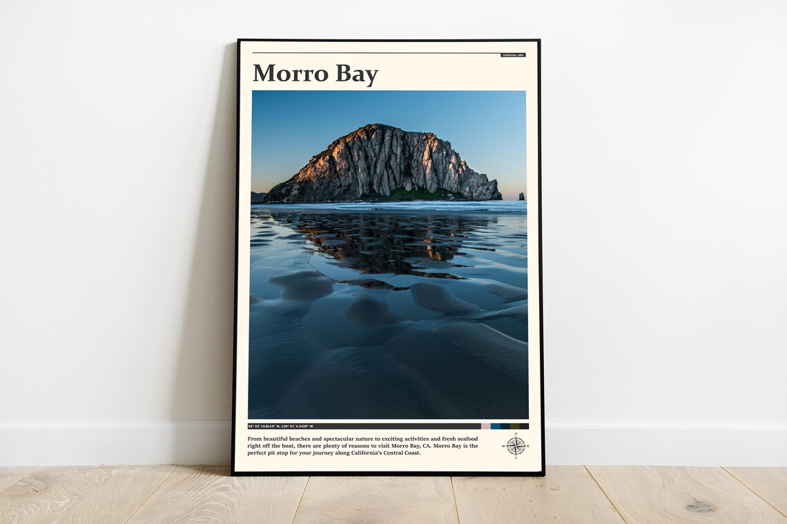 Morro Bay Rock Sunset Reflection Nature California Travel Poster