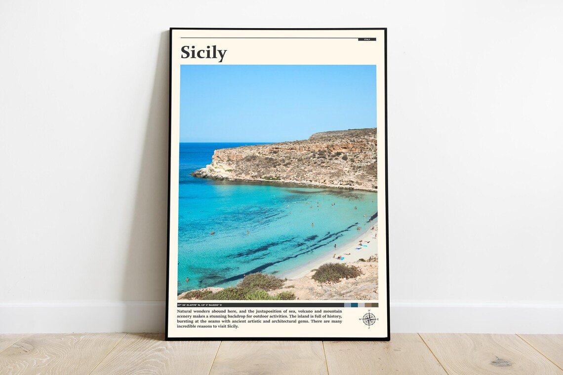 Sicily Italy Turquoise Cliff Cove Beach Photography Travel Poster