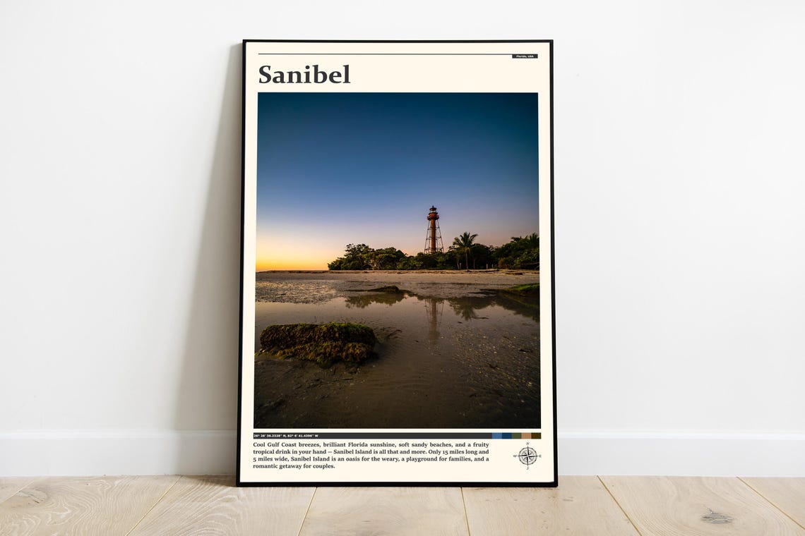 Sanibel Island Florida Lighthouse Sunset Tidal Flats Travel Poster