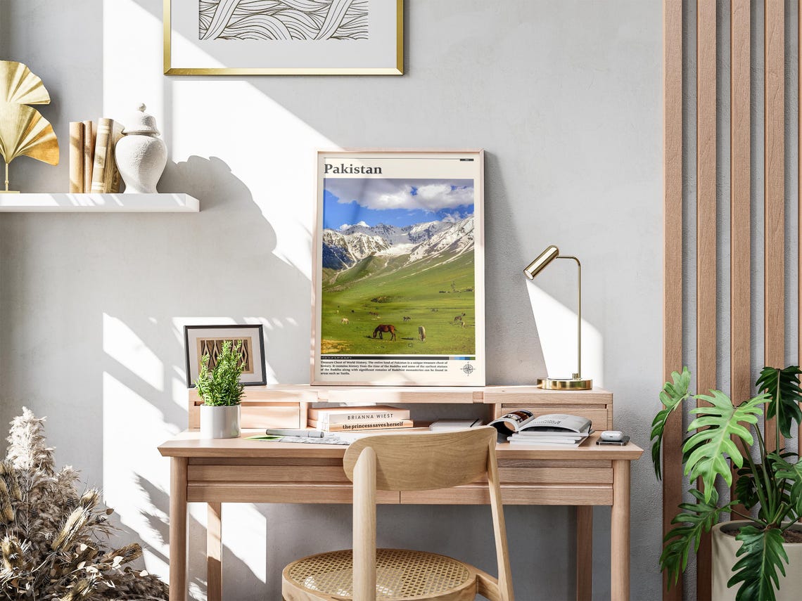 Pakistan Green Valley Horses Snow Peaks Mountain Meadow Poster - Image 4
