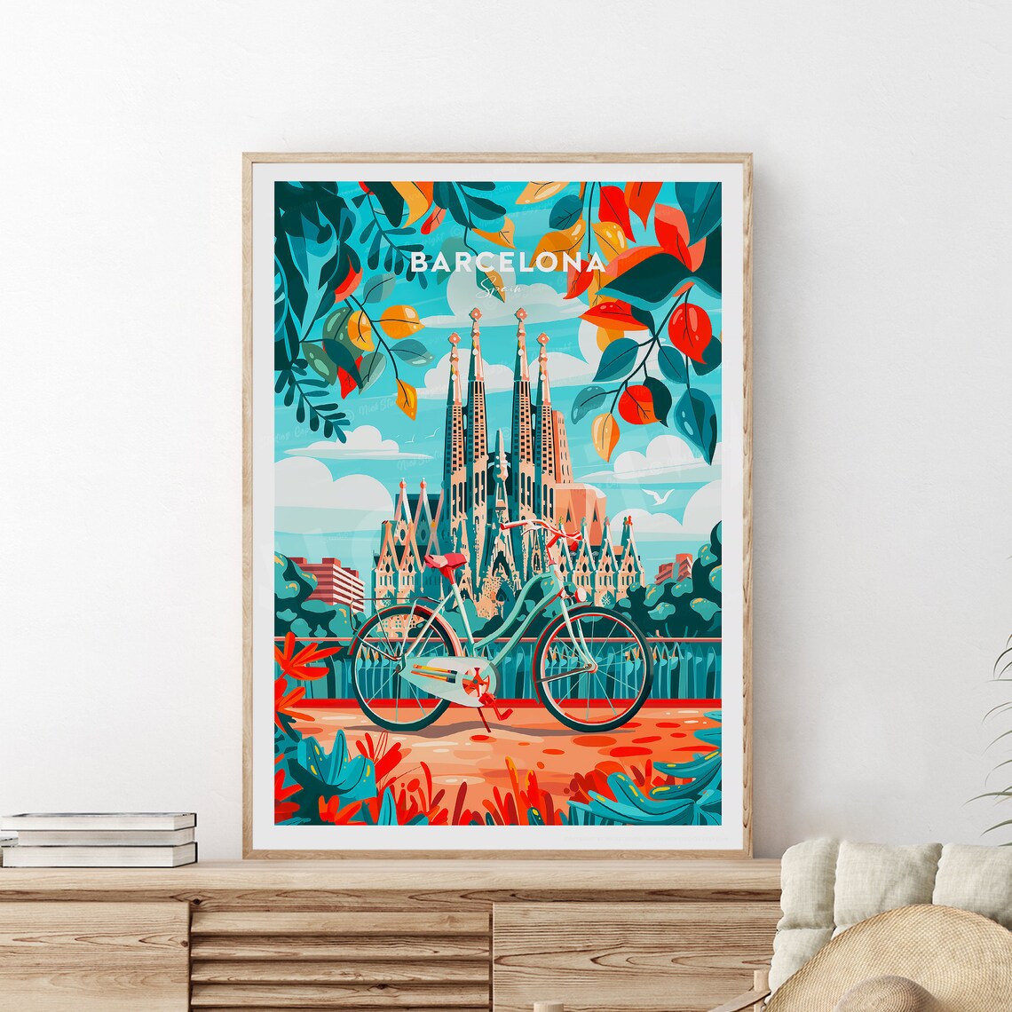 Barcelona Sagrada Familia Bicycle Street Colorful City Poster