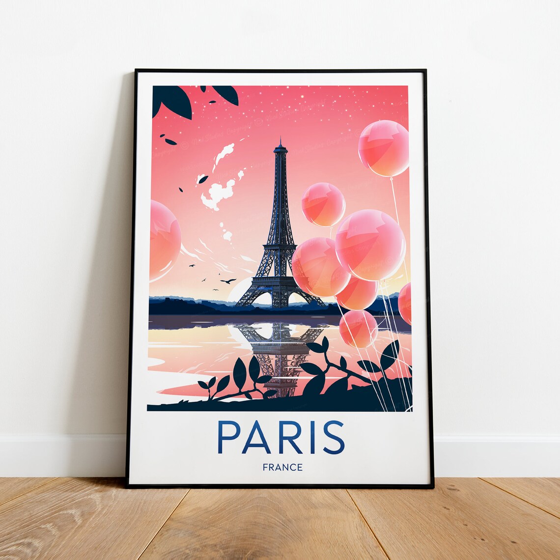 Paris France Eiffel Tower Pink Balloons Sunset Vintage Travel Poster - Image 2