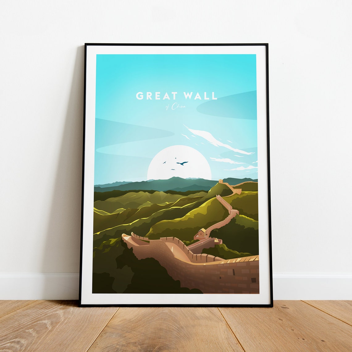 Great Wall of China Sunrise Over Green Hills Vintage Travel Poster