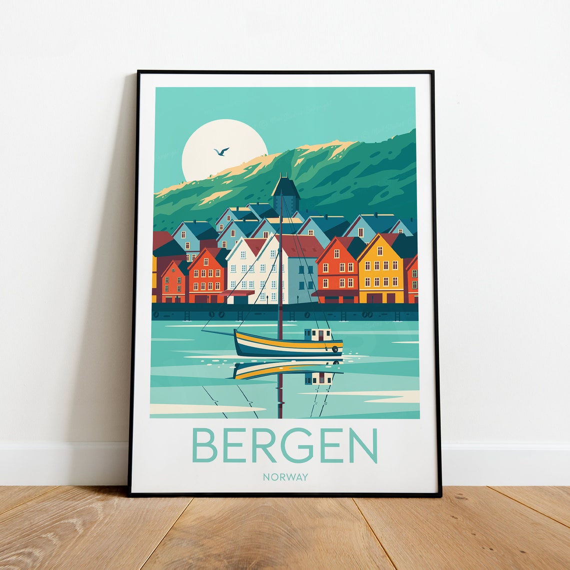 Bergen Norway Bryggen Wharf Colorful Fishing Boat Harbor Poster