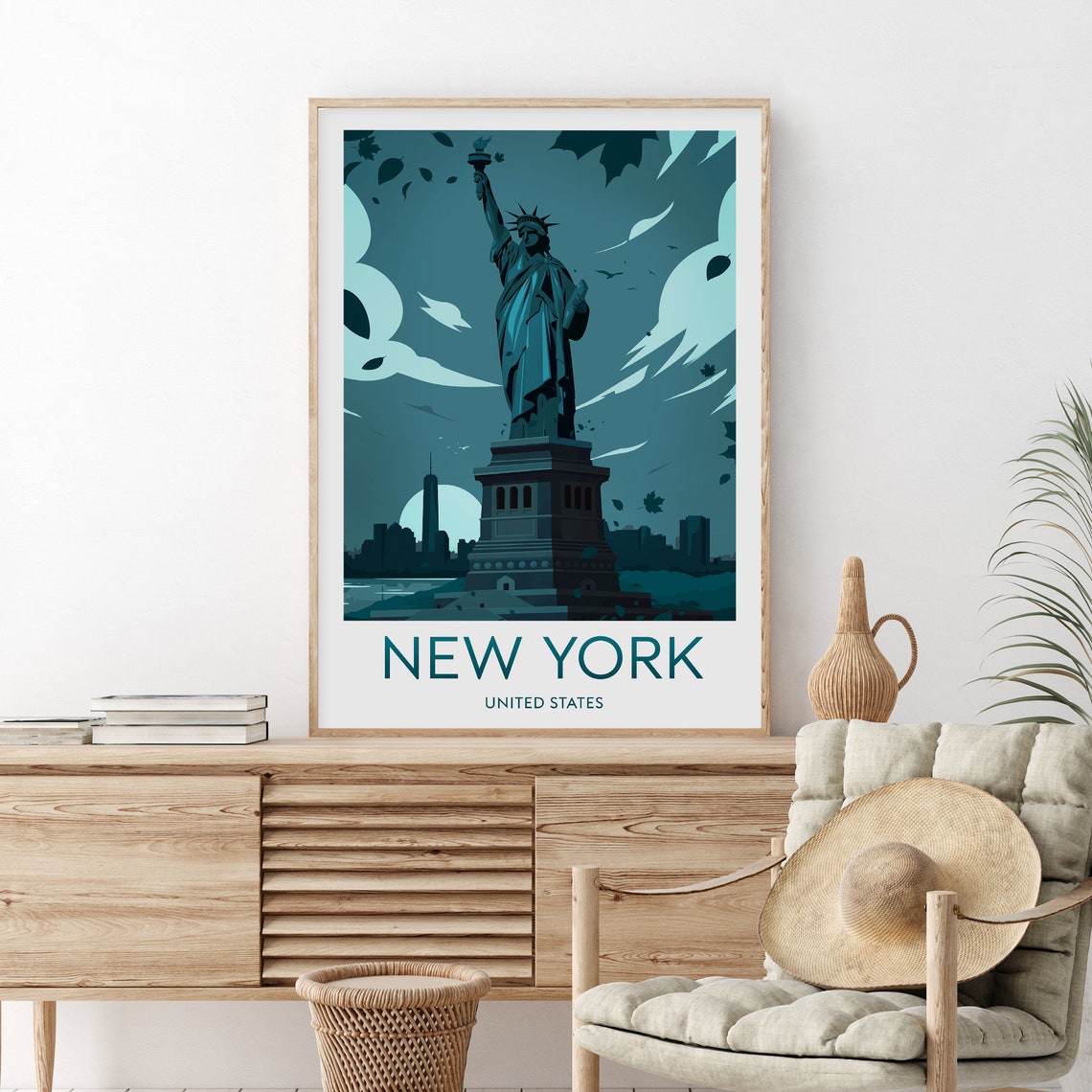 New York Statue of Liberty at Night Manhattan Skyline Poster - Image 2