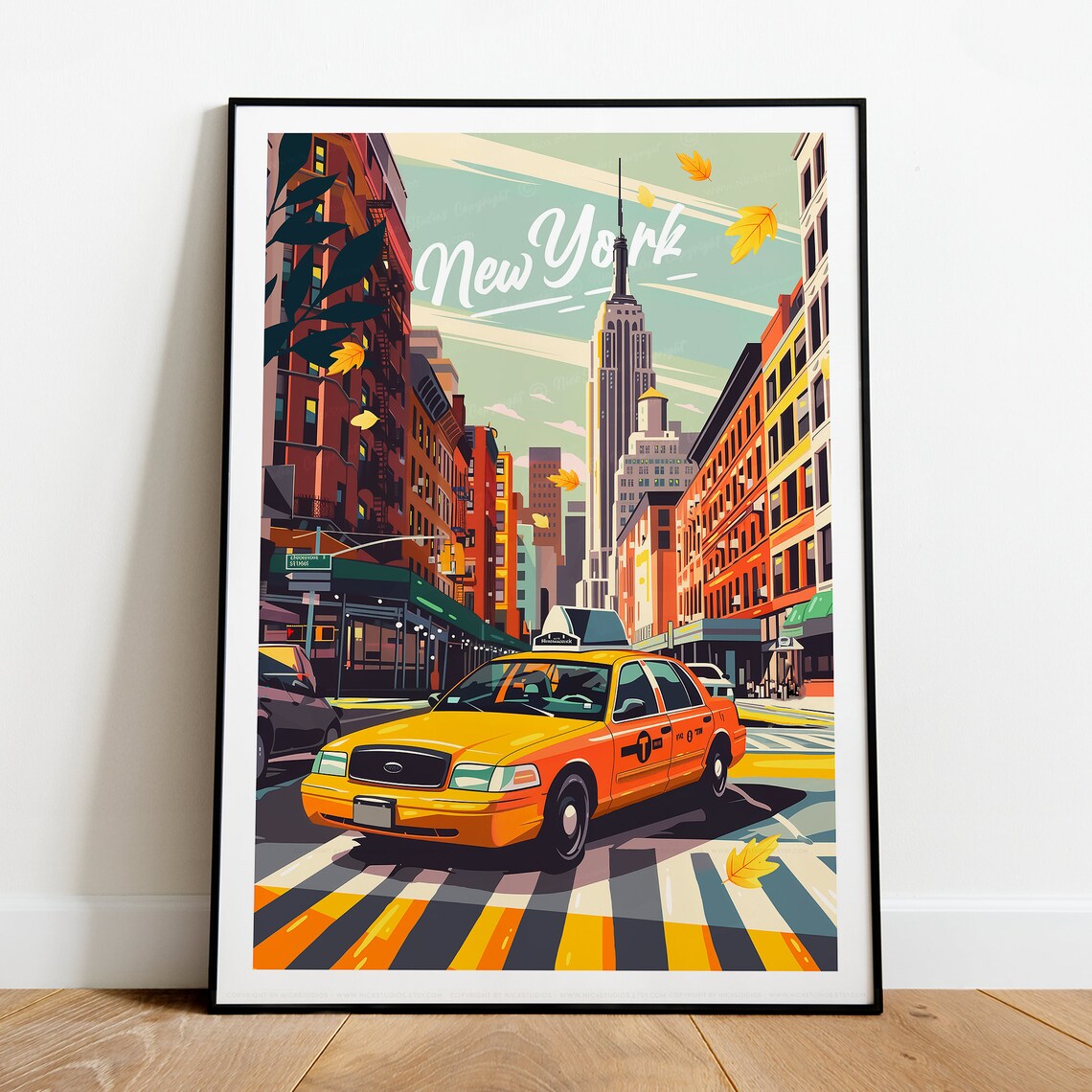 New York City Autumn Yellow Taxi Empire State Building Travel Poster