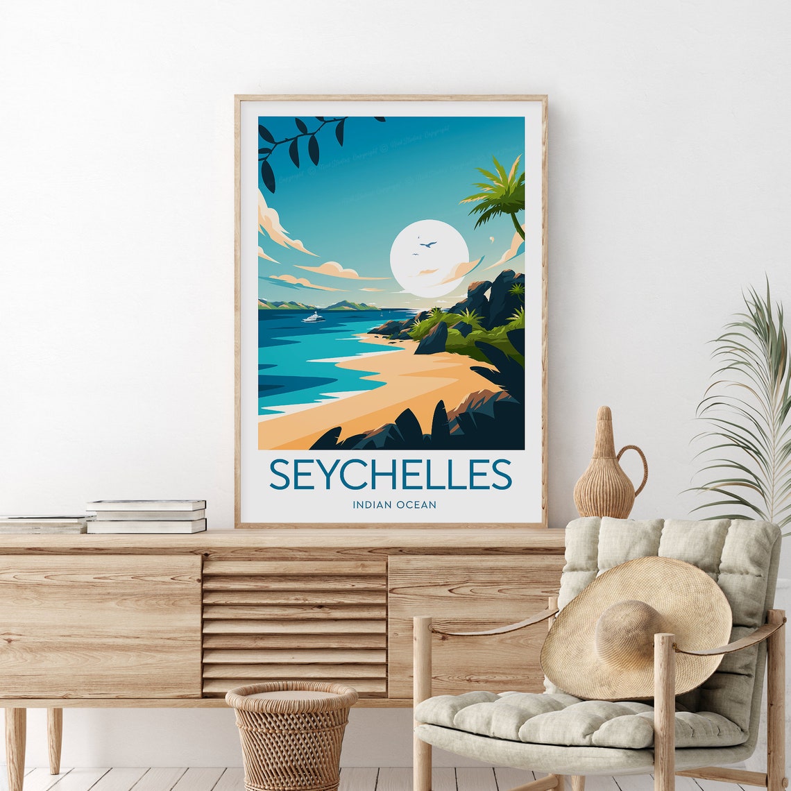 Seychelles Indian Ocean Tropical Beach Moonrise Travel Poster