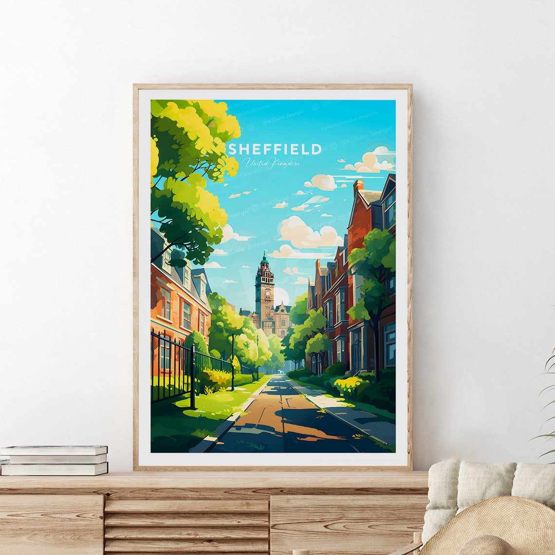 Sheffield United Kingdom Town Hall Clock Tower Street Travel Poster