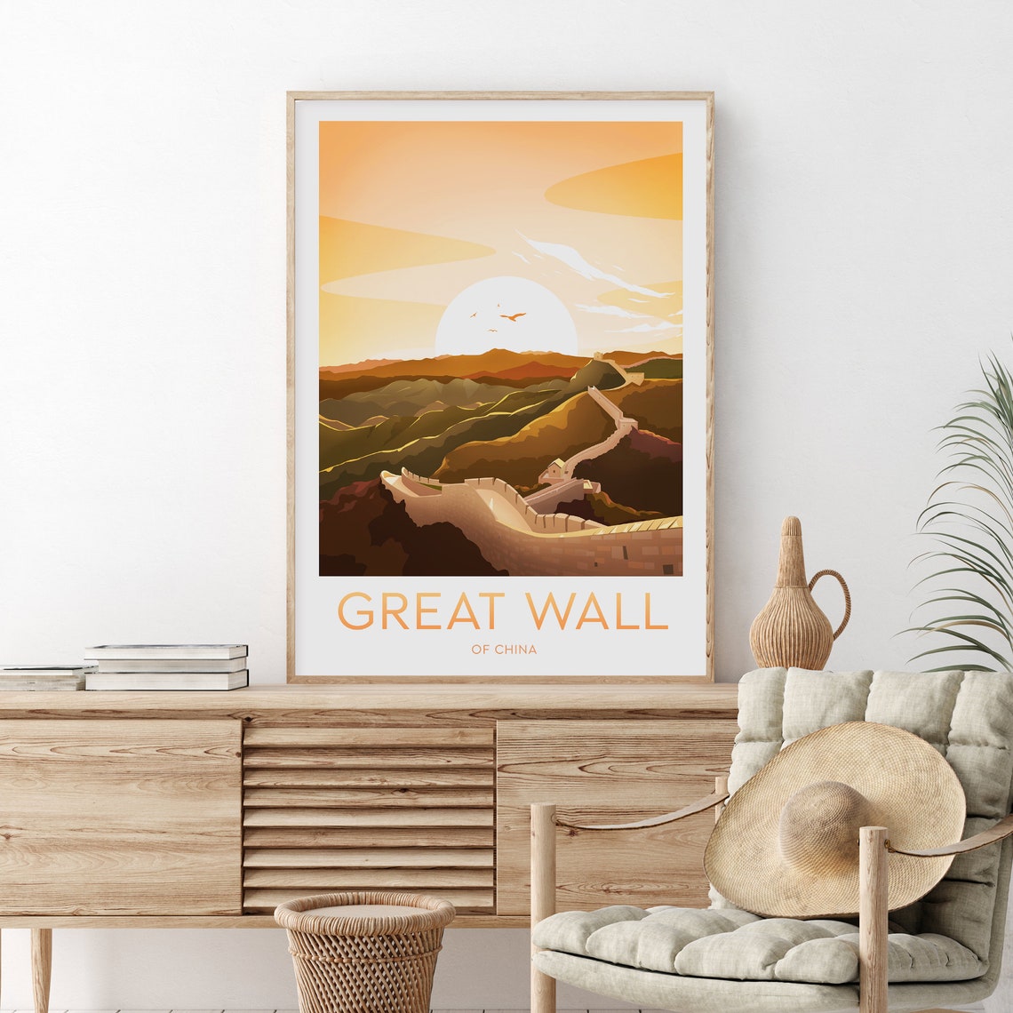 Great Wall of China Sunset Over Rolling Mountain Ridges Travel Poster