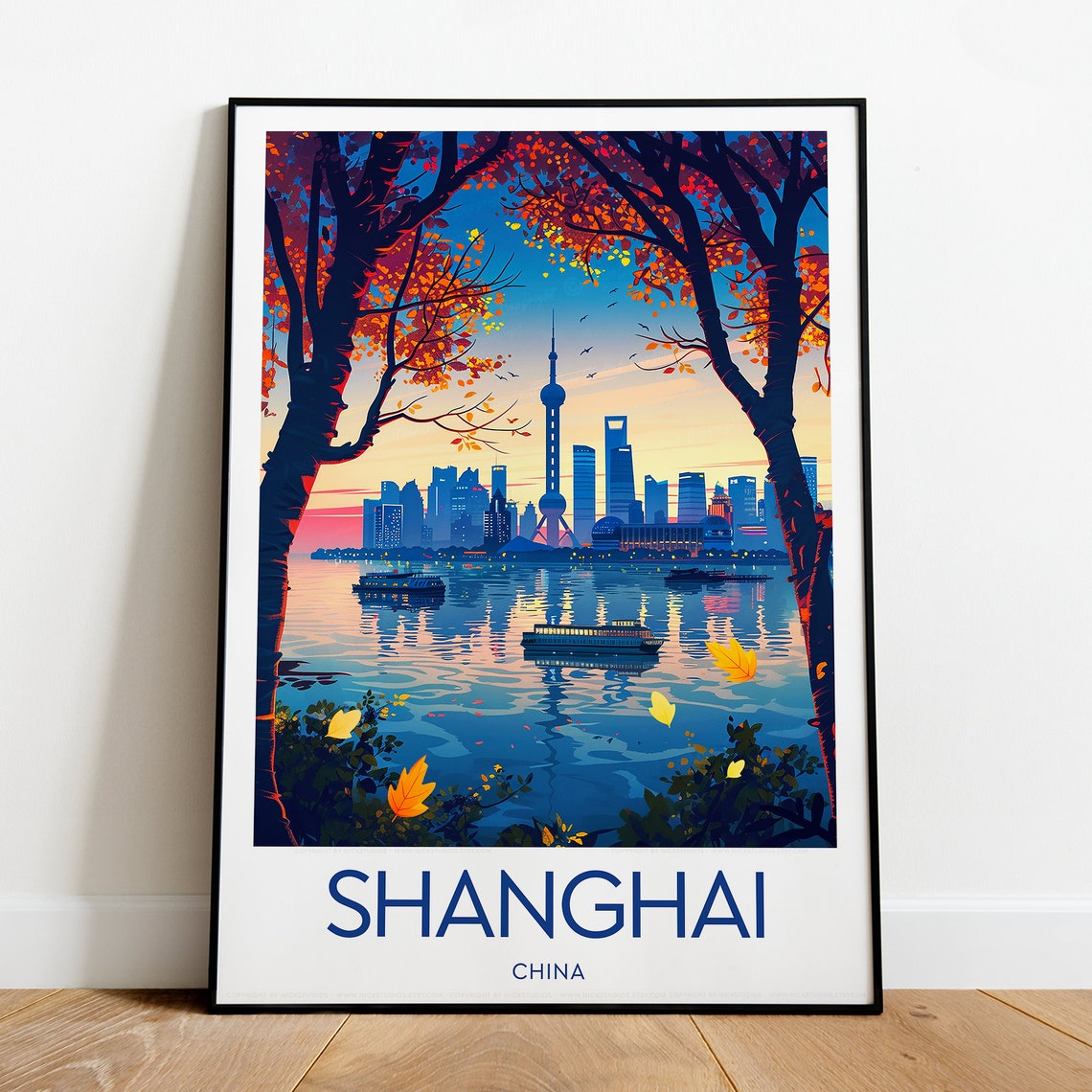 Shanghai China Skyline River Sunset Pearl Tower Travel Poster - Image 2