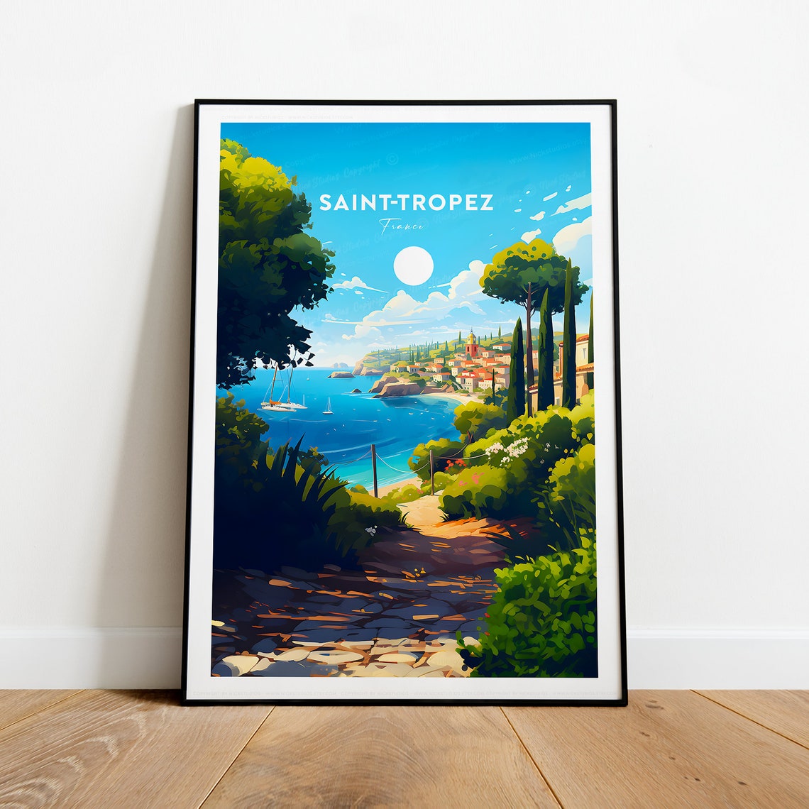 Saint-Tropez France Riviera Coastal View Cypress Hillside Poster - Image 2