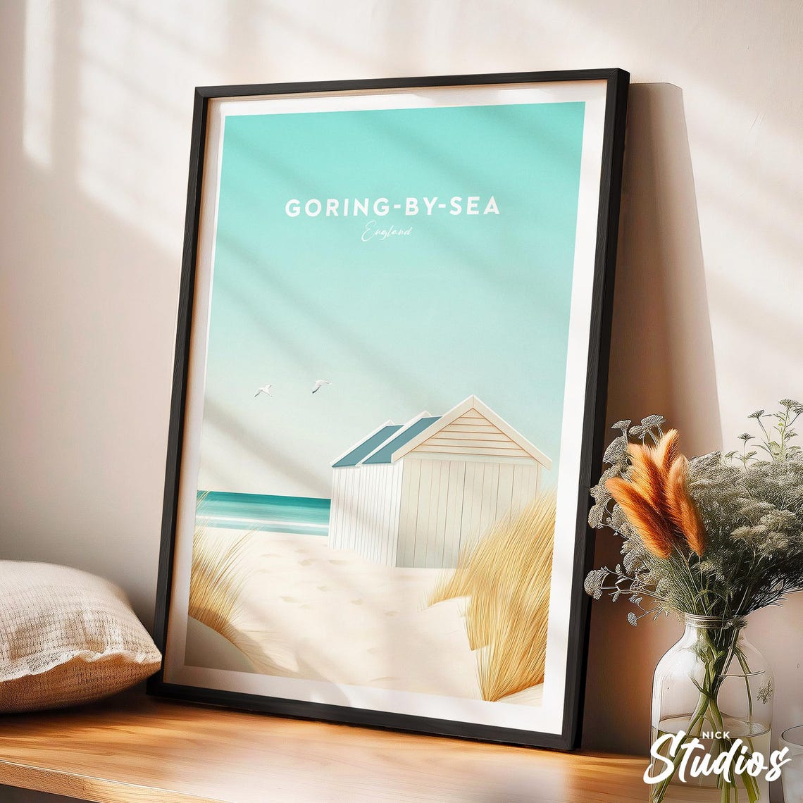 Goring-By-Sea Beach Hut Seaside Escape Traditional Top Text Poster