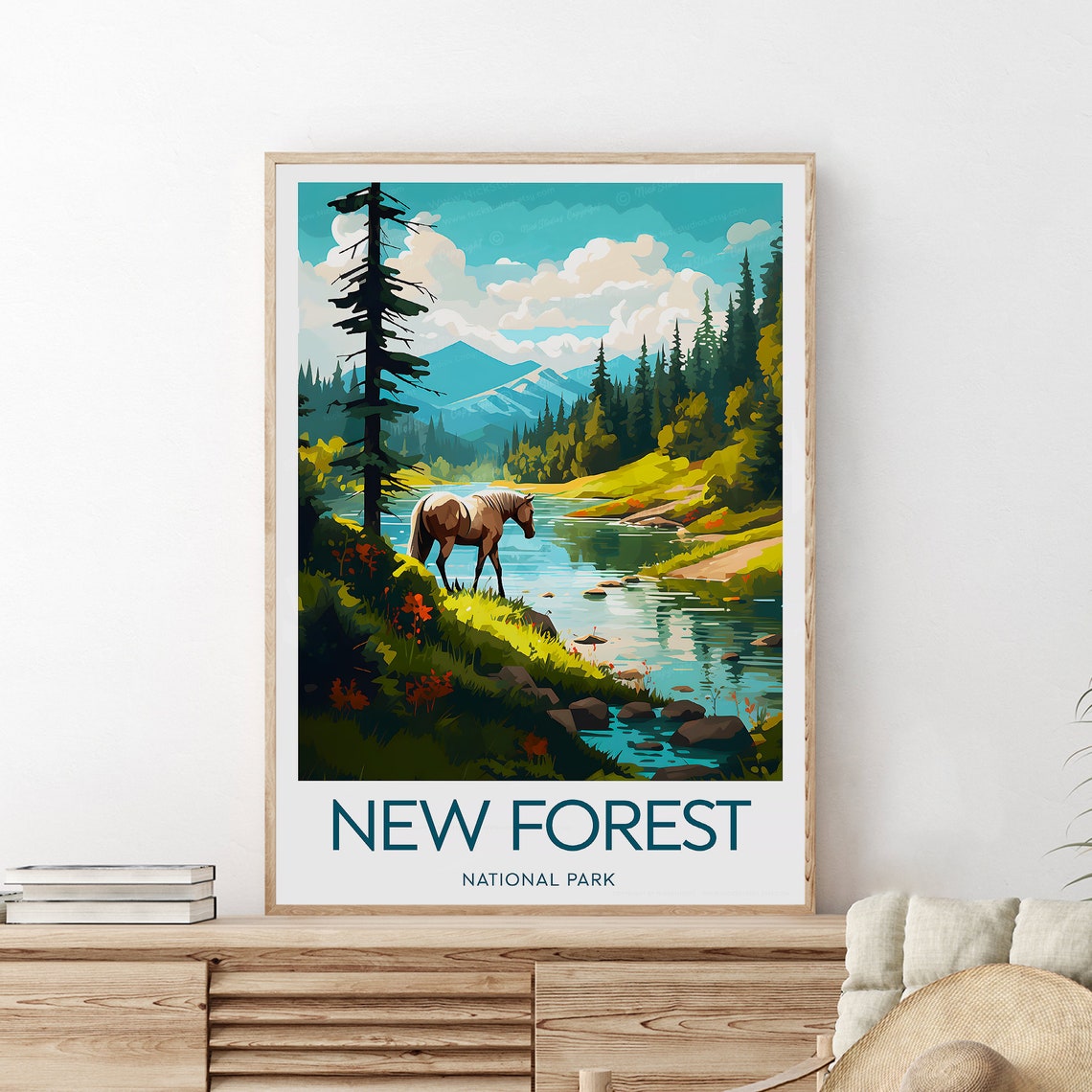 New Forest Horse Drinking Stream Summer Meadow England Travel Poster