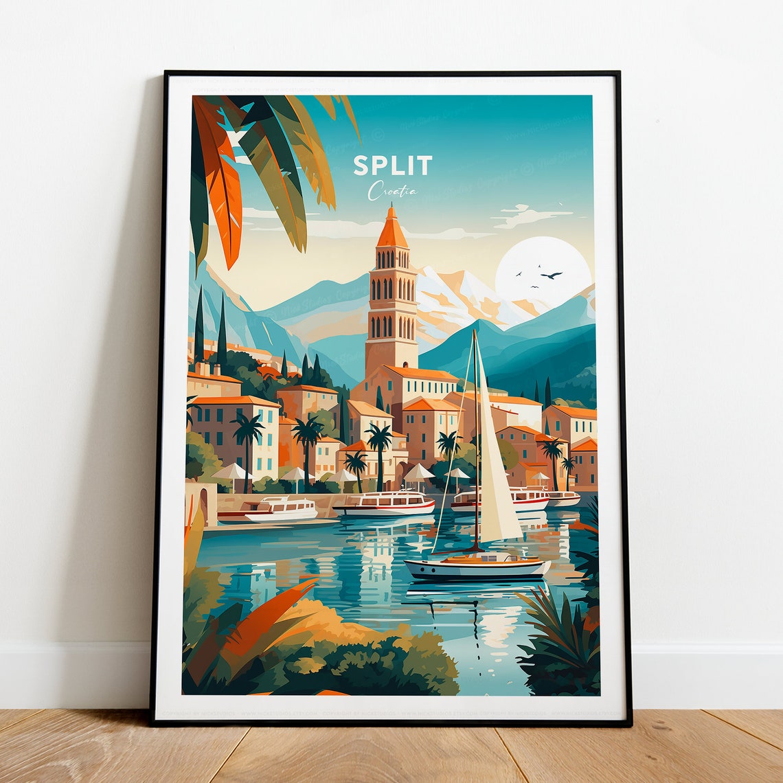 Split Croatia Harbor Bell Tower Boats Waterfront Travel Poster - Image 2