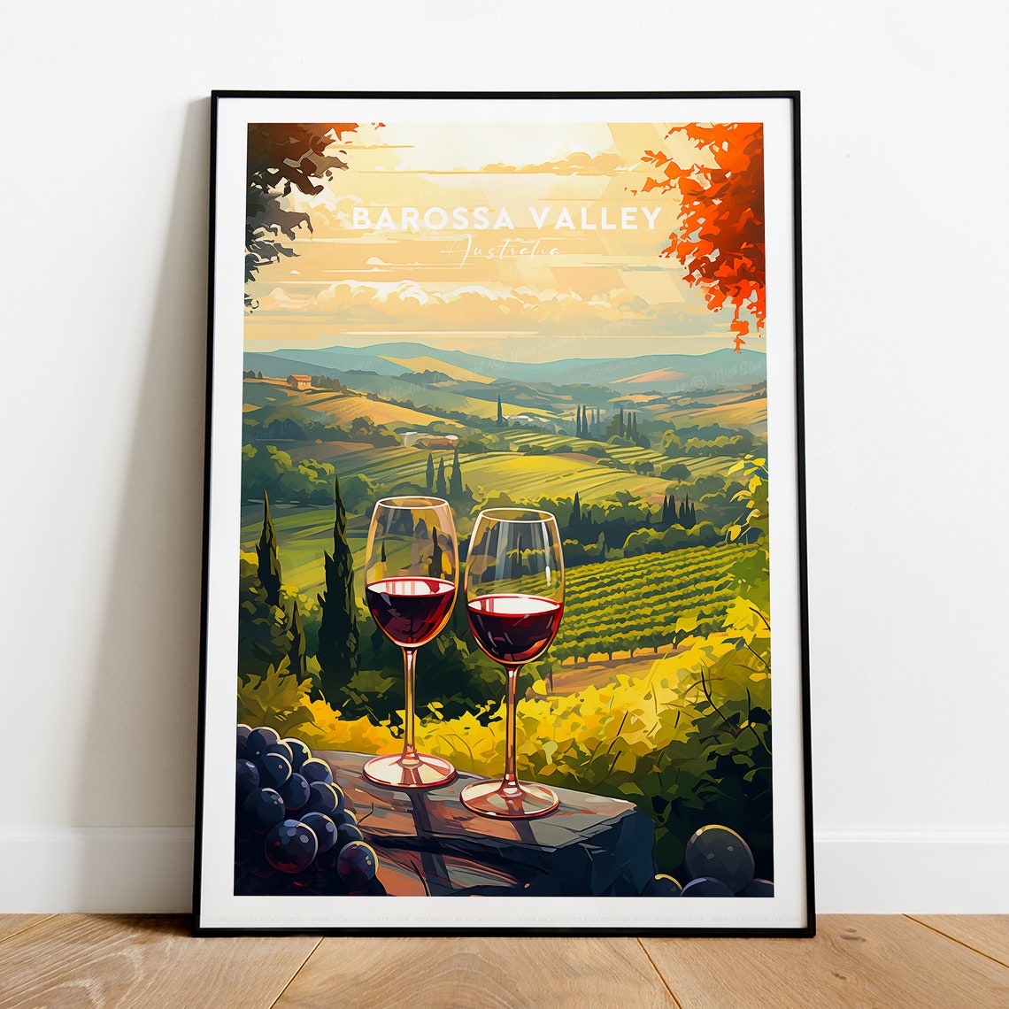 Barossa Valley Red Wine Glasses over Rolling Vineyards Poster