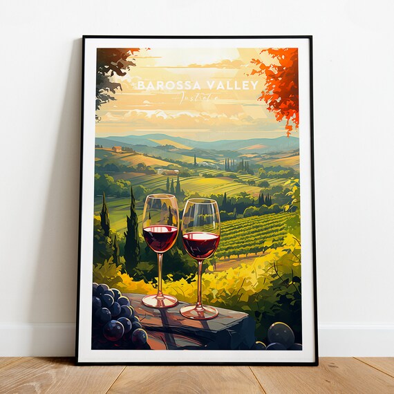 Barossa Valley Red Wine Glasses over Rolling Vineyards Poster