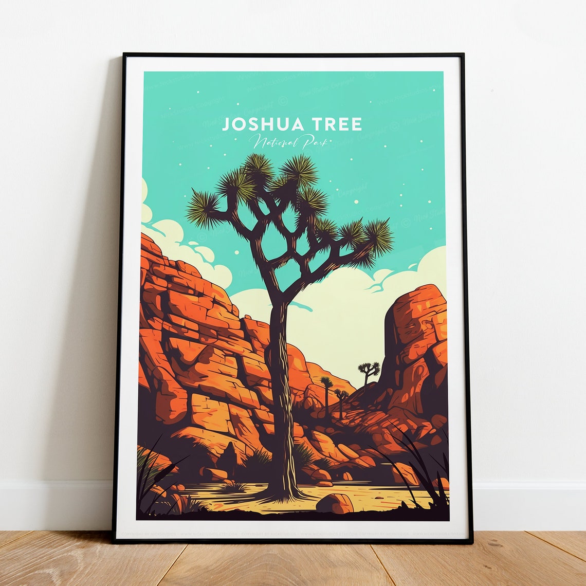Joshua Tree National Park Daytime Red Rocks Blue Sky Travel Poster