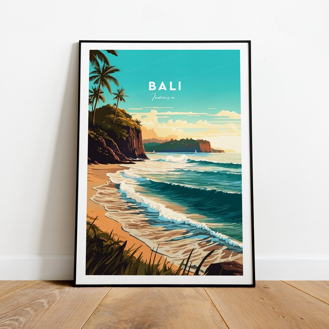 Bali Indonesia Palm Fringed Beach and Cliffs Vintage Travel Poster