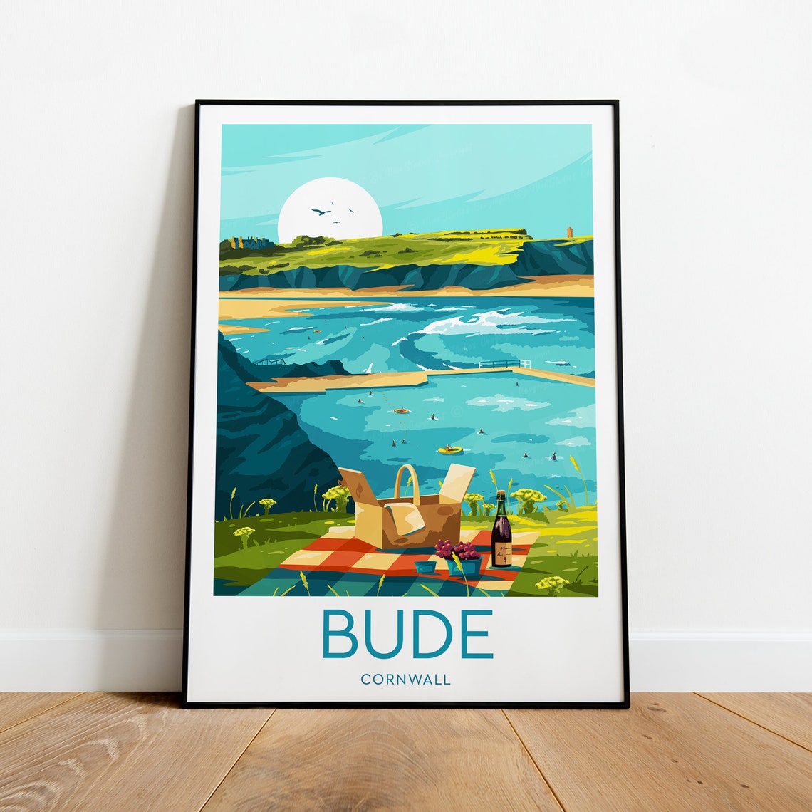 Bude Cornwall Seaside Beach Picnic Summer Coast Travel Poster