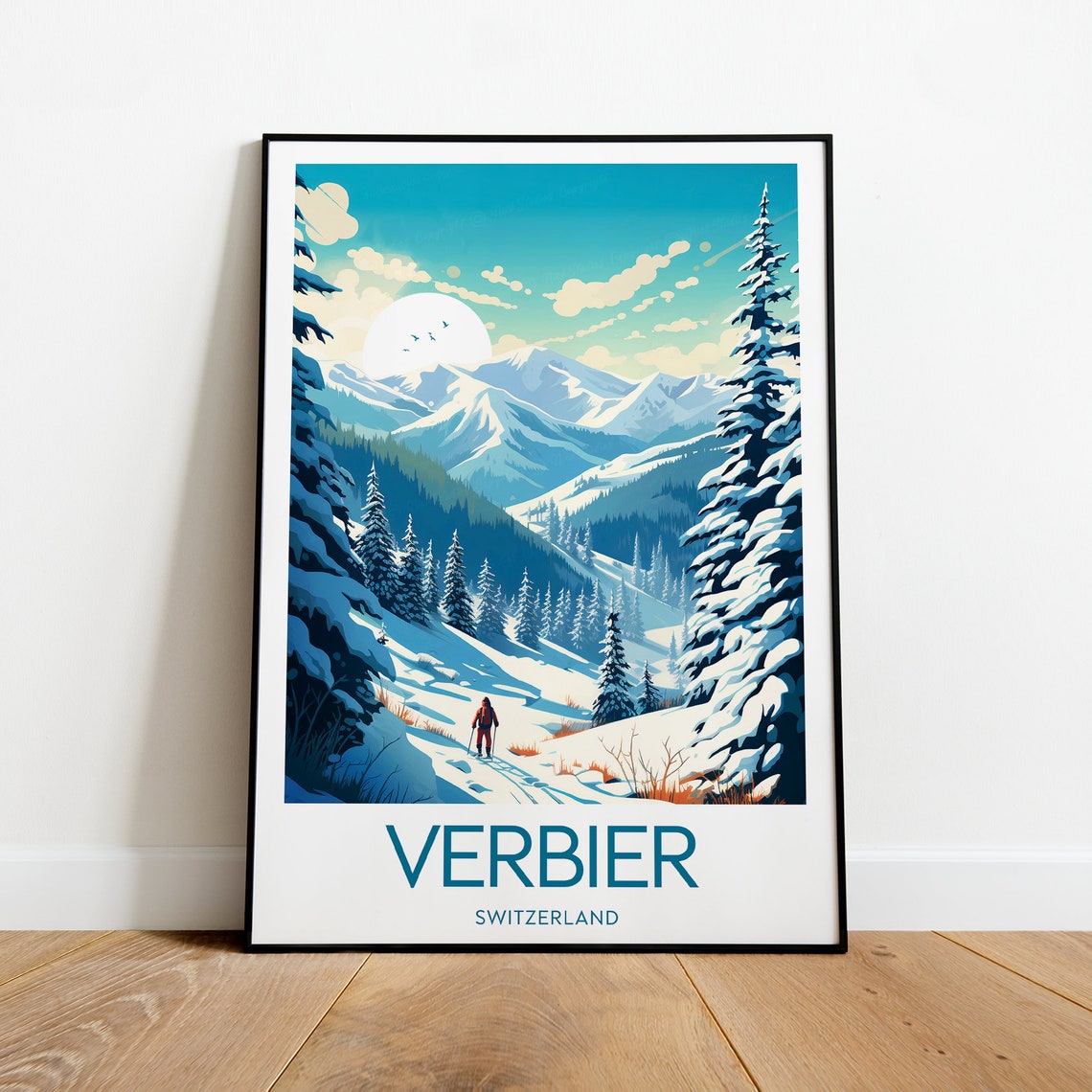 Verbier Switzerland Snowy Ski Slopes Pine Forest Travel Poster