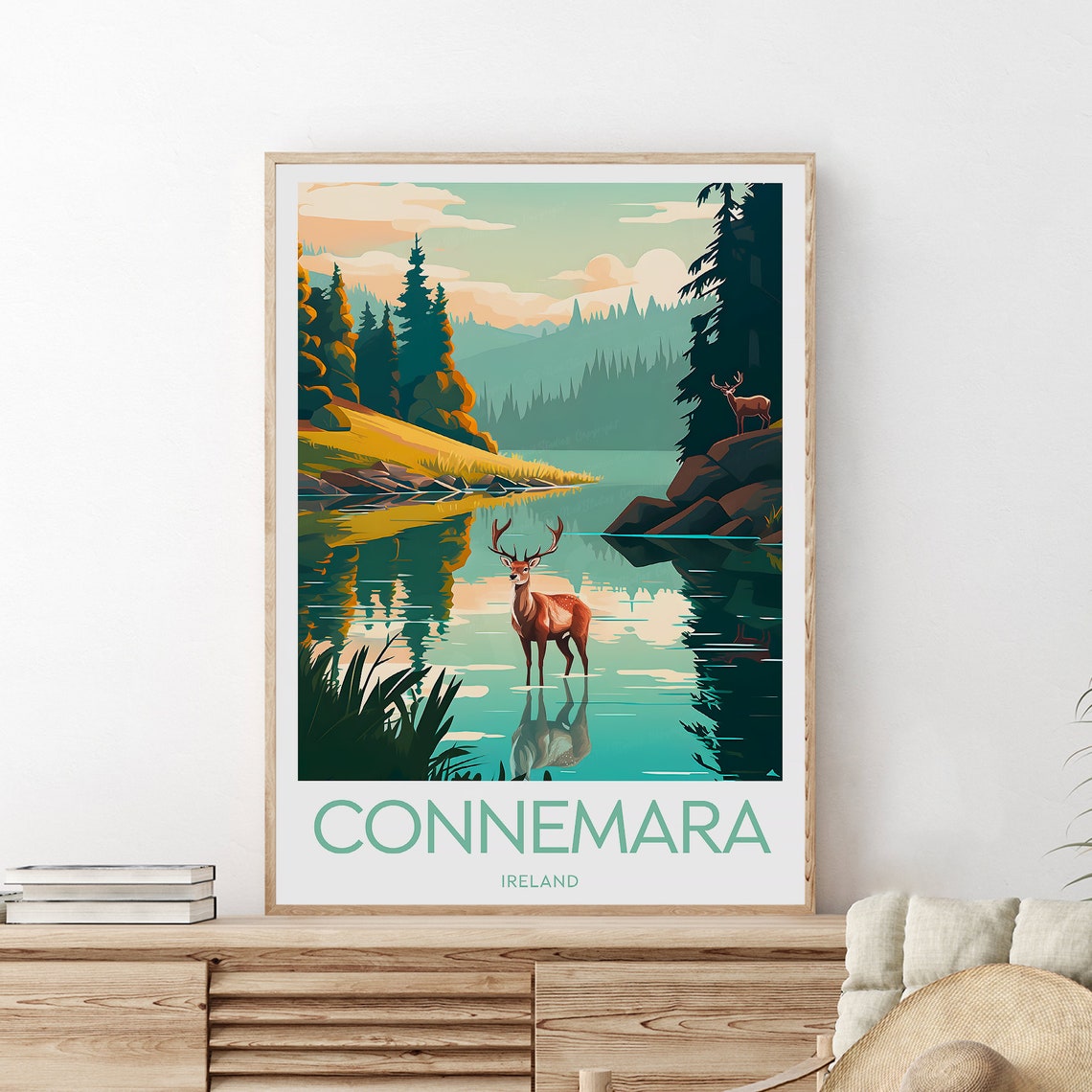 Connemara Ireland Stag Reflected in a Still Forest Lake Poster - Image 2