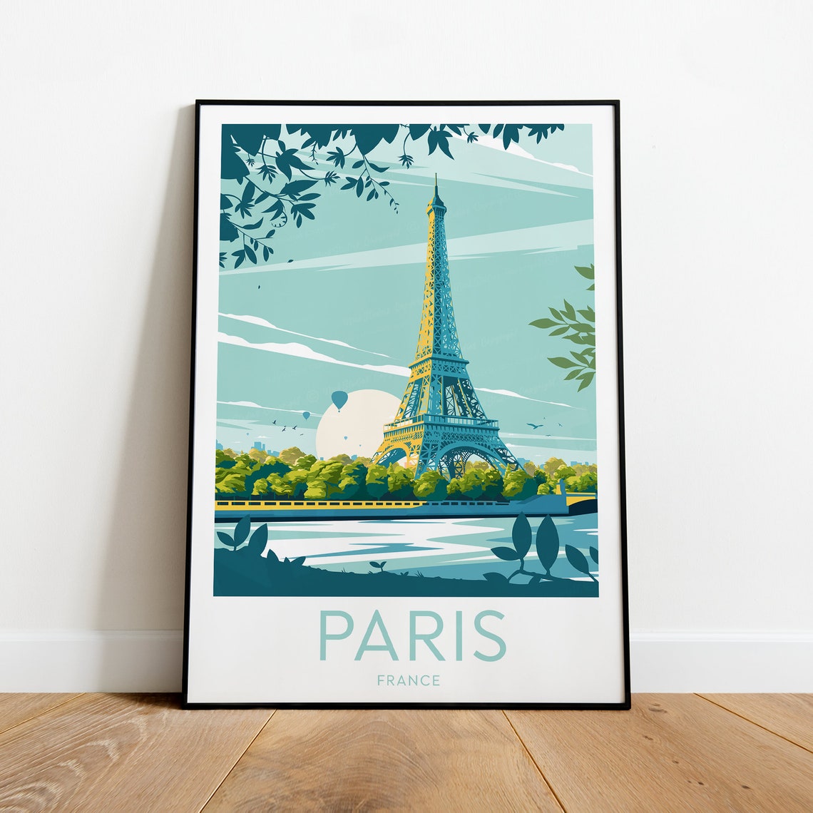 Paris Eiffel Tower Seine River Hot Air Balloon Vintage Travel Poster - Image 2
