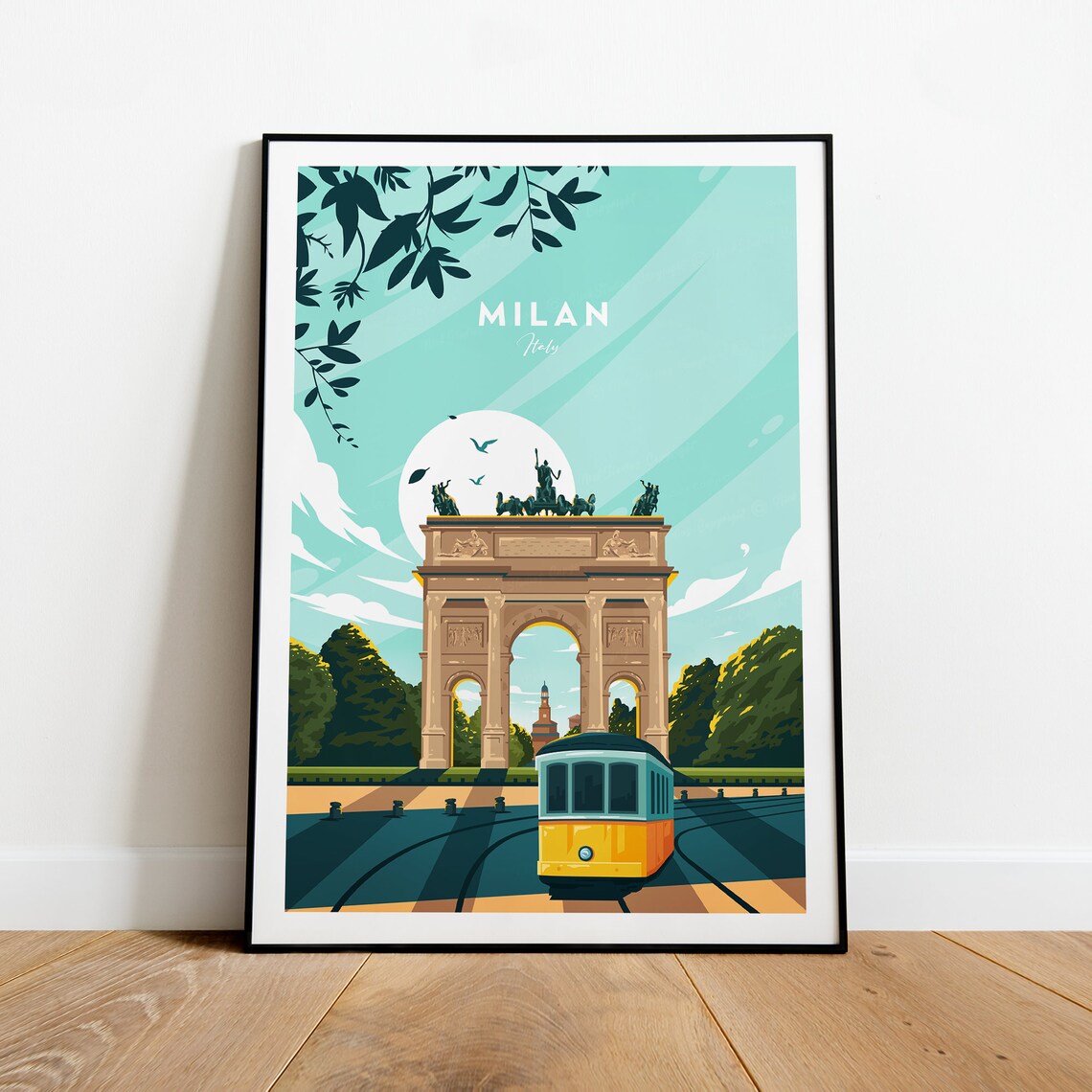 Milan Italy Arch of Peace and Classic Tram City Travel Poster
