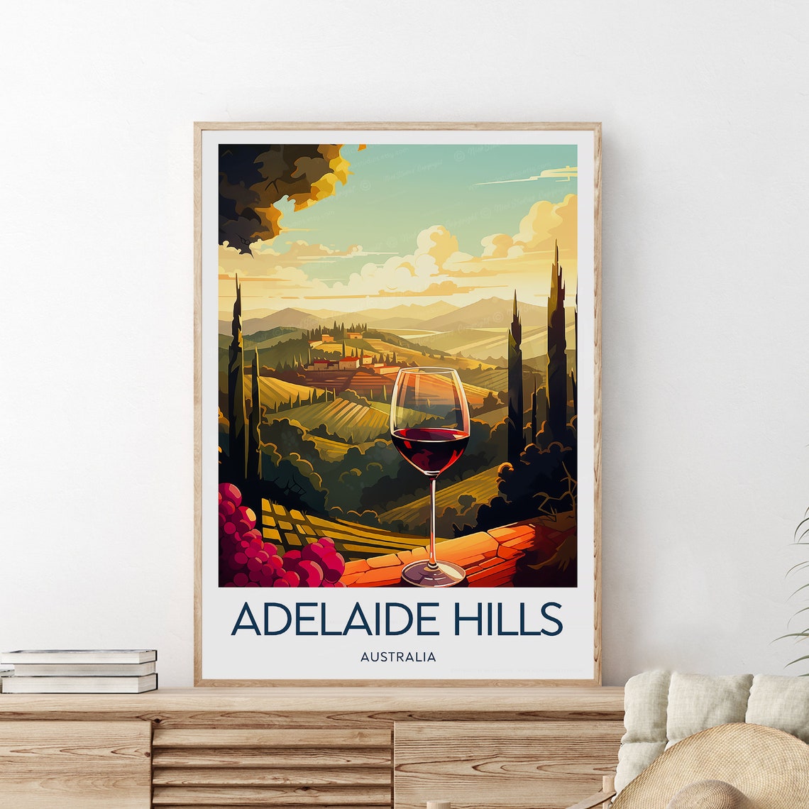 Adelaide Hills Australia Vineyard Wine Glass Sunset Travel Poster