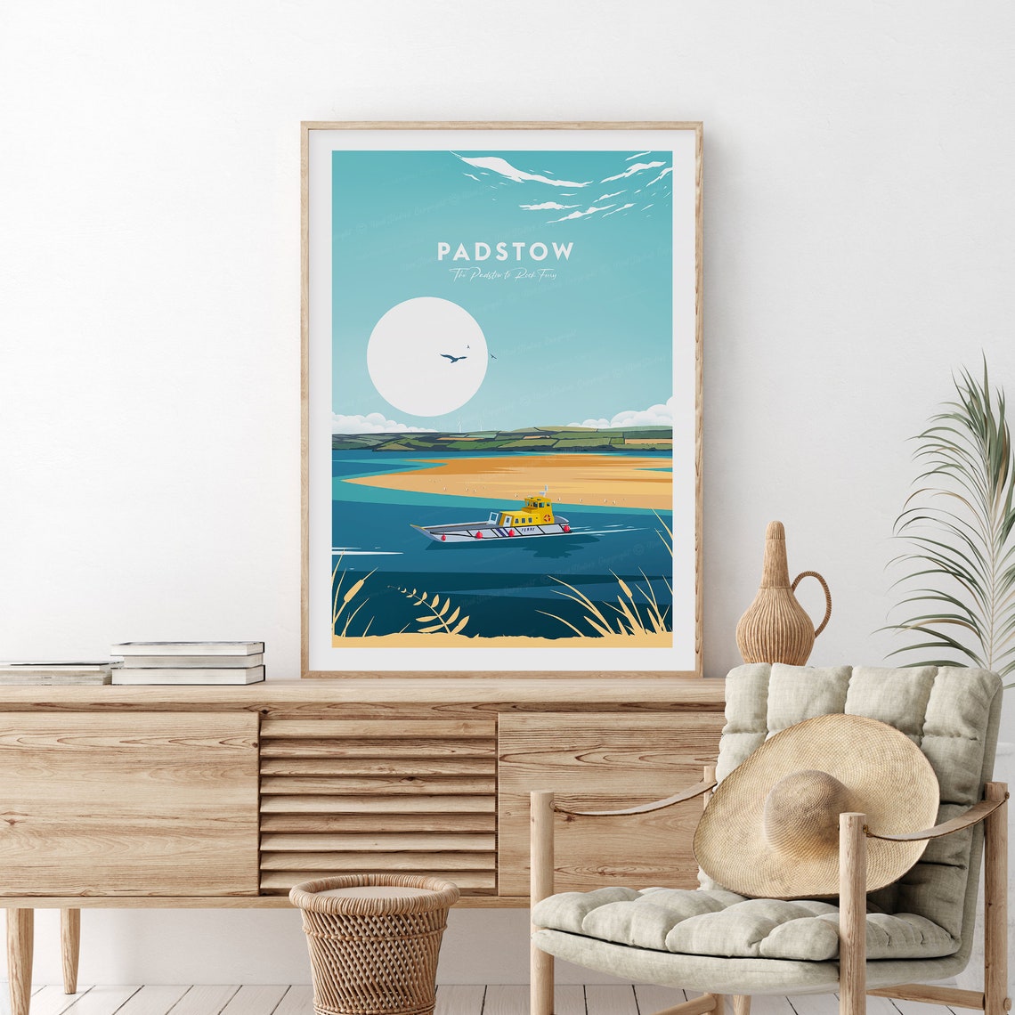 Padstow to Rock Ferry Cornwall Coastline Travel Poster England Art