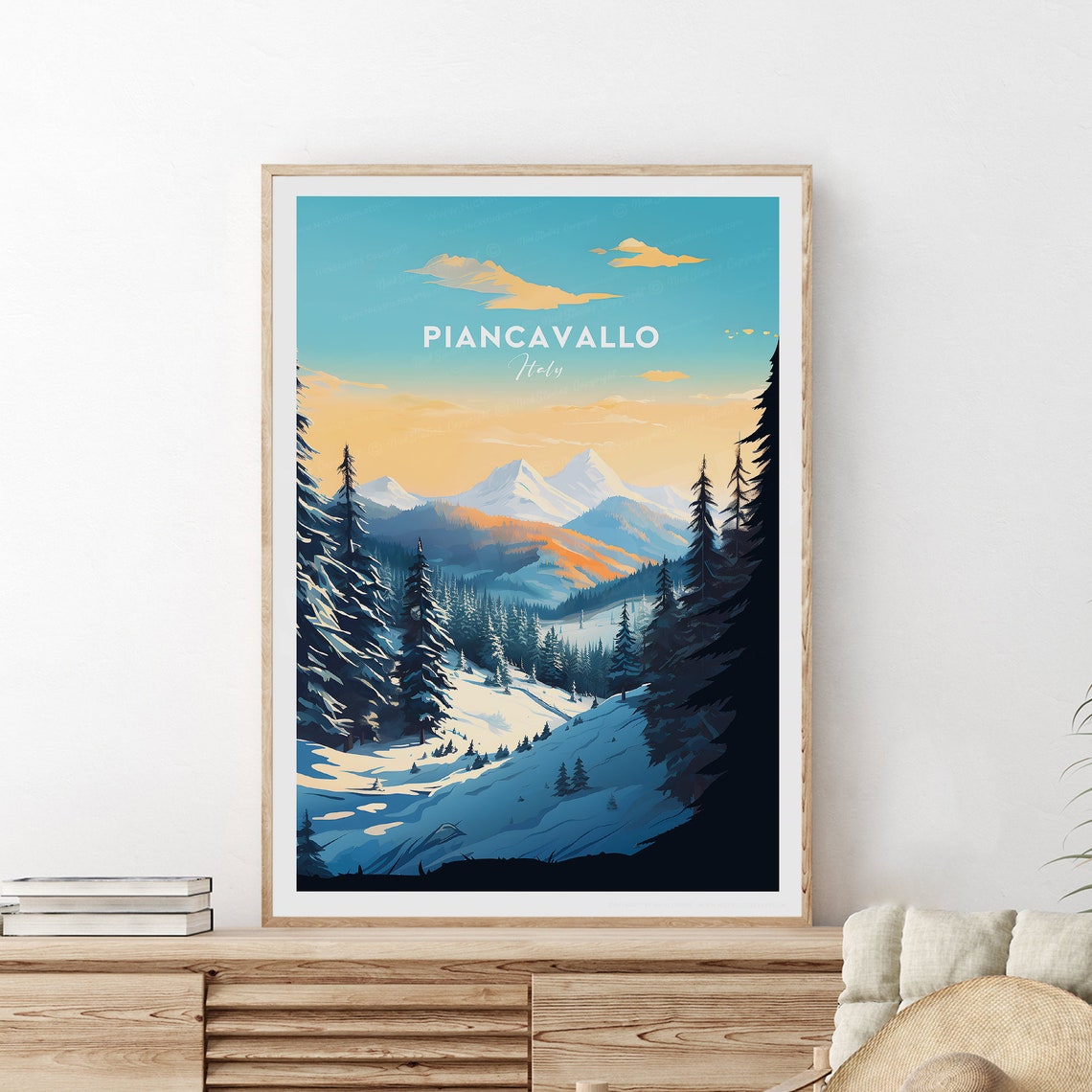Piancavallo Italy Snowy Ski Mountain Valley Sunset Travel Poster - Image 2