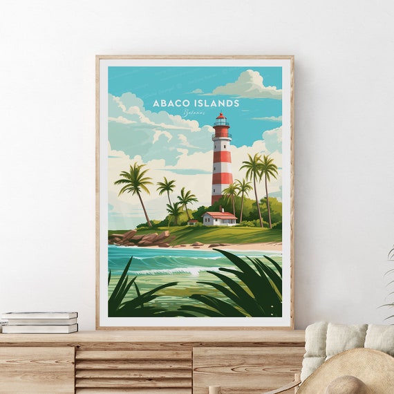 Abaco Islands Bahamas Lighthouse Palm Beach Vintage Travel Poster