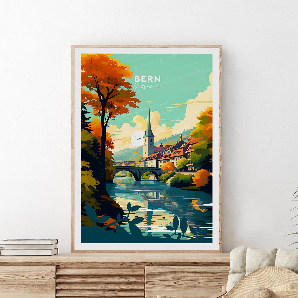 Bern Old Town Stone Bridge Over River in Autumn Travel Poster - Image 2