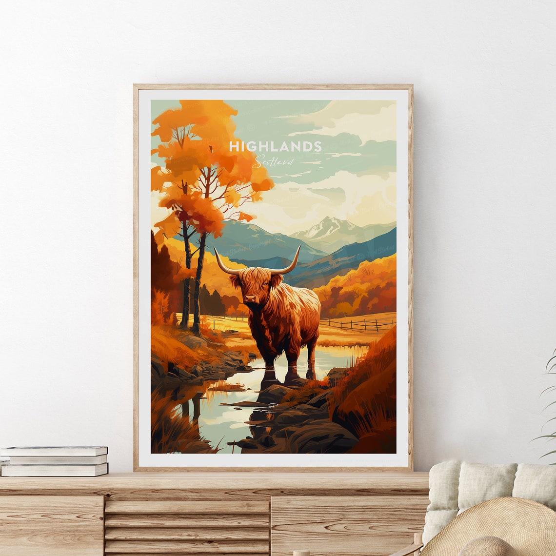 Scottish Highlands Autumn Highland Cow Stream Mountains View Poster