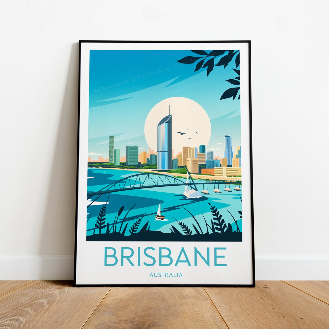 Brisbane River Story Bridge Skyline Sailboats Moonrise Poster