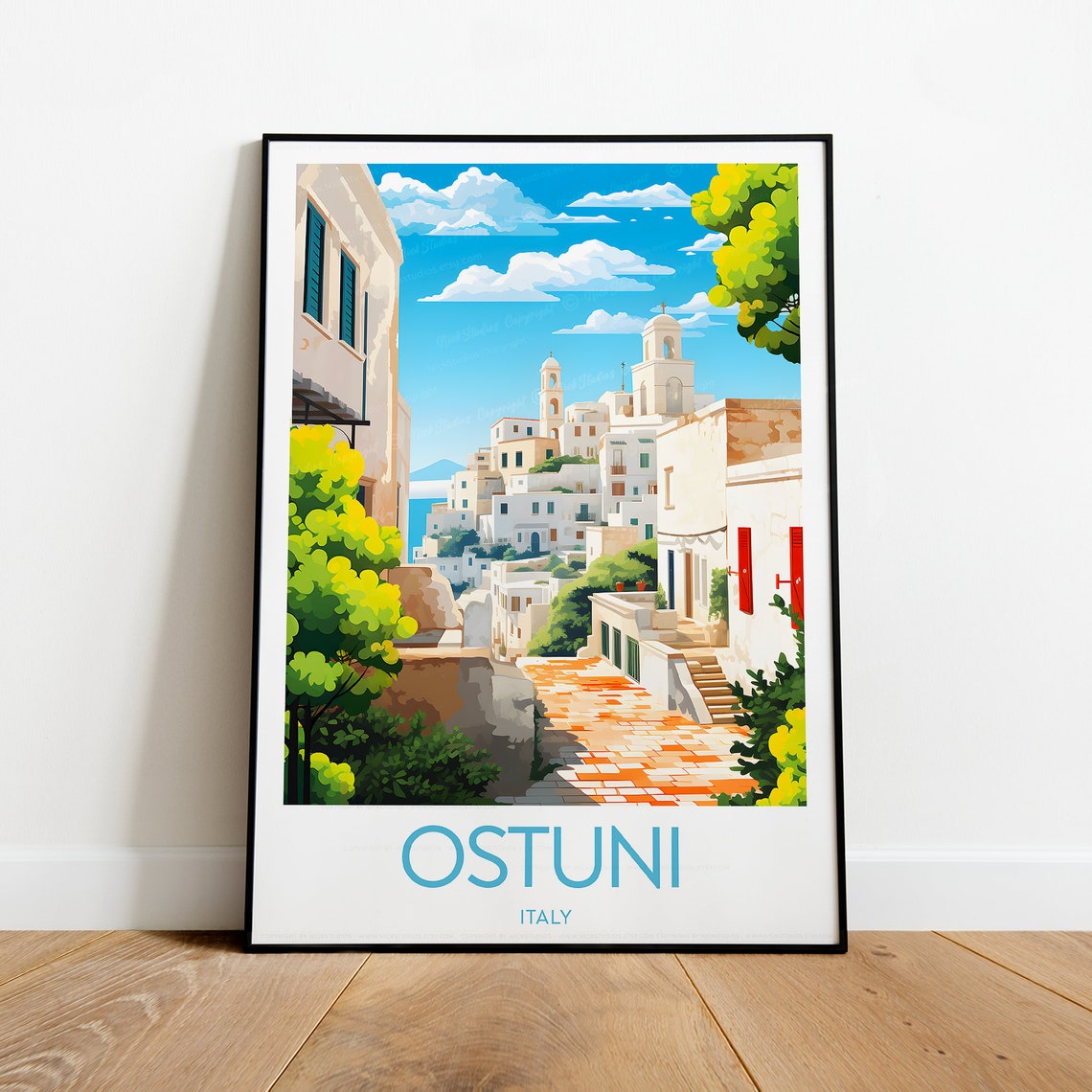 Ostuni Whitewashed Hilltop Old Town Italy Summer Travel Poster