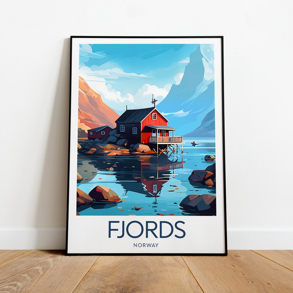 Norway Fjords Red Cabin on Still Water Mountains Travel Poster - Image 2