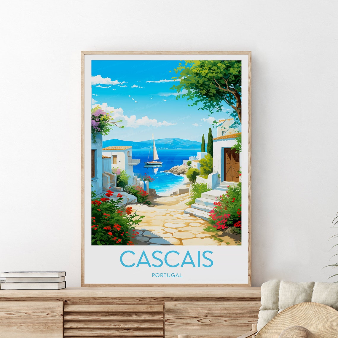 Cascais Portugal Seaside Lane Whitewashed Houses Sailboat Poster