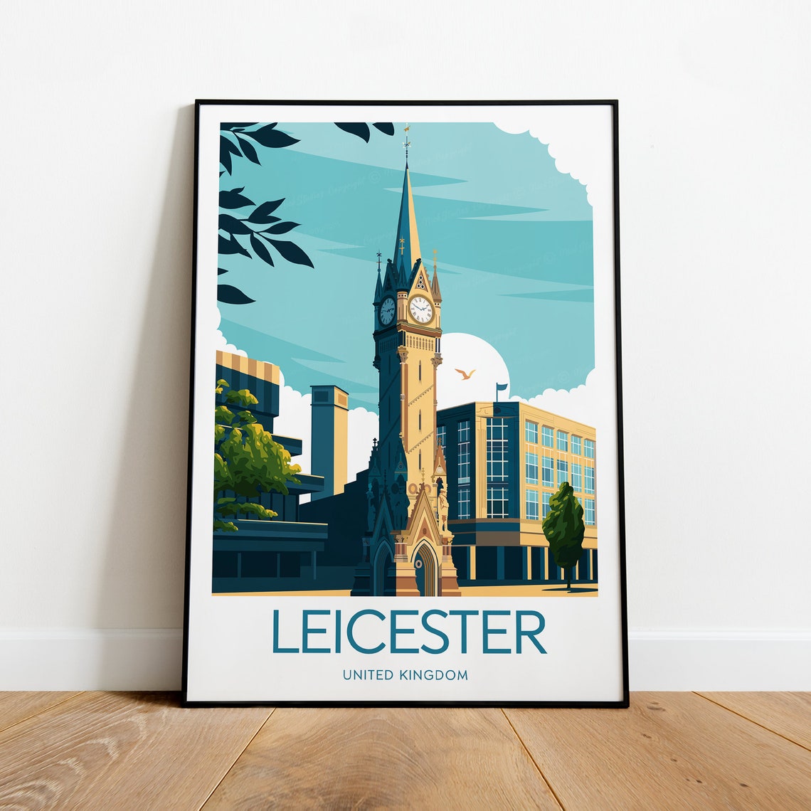 Charming Leicester England Clock Tower Historic Cityscape Poster