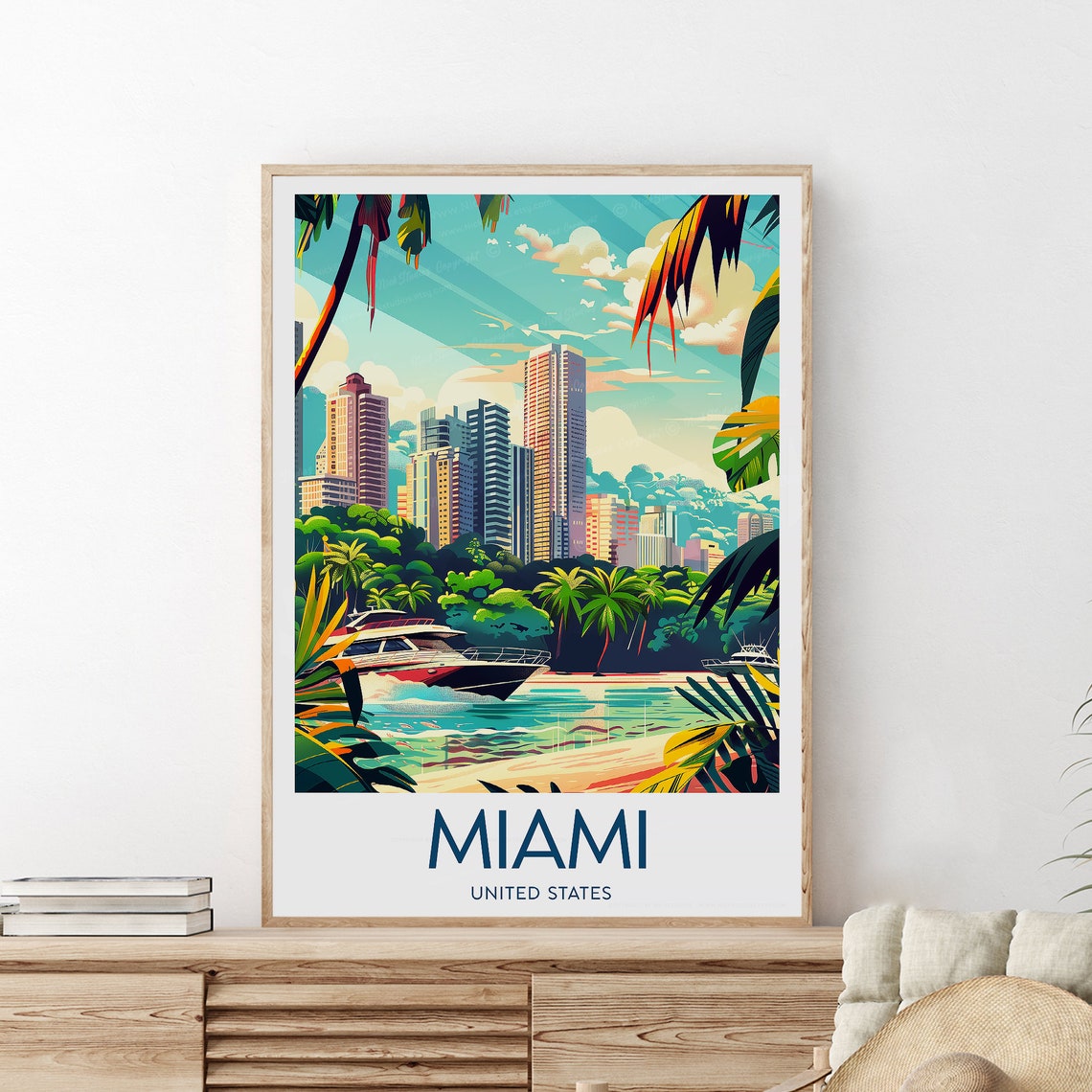 Miami Florida Skyline Bay Yacht Palm Trees Sunny Day Travel Poster - Image 2