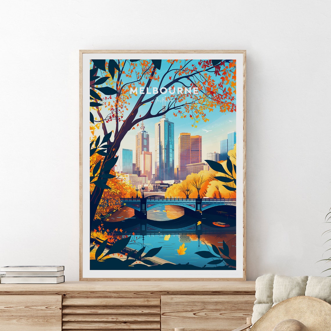 Melbourne Australia City Bridge Autumn Leaves River Travel Poster