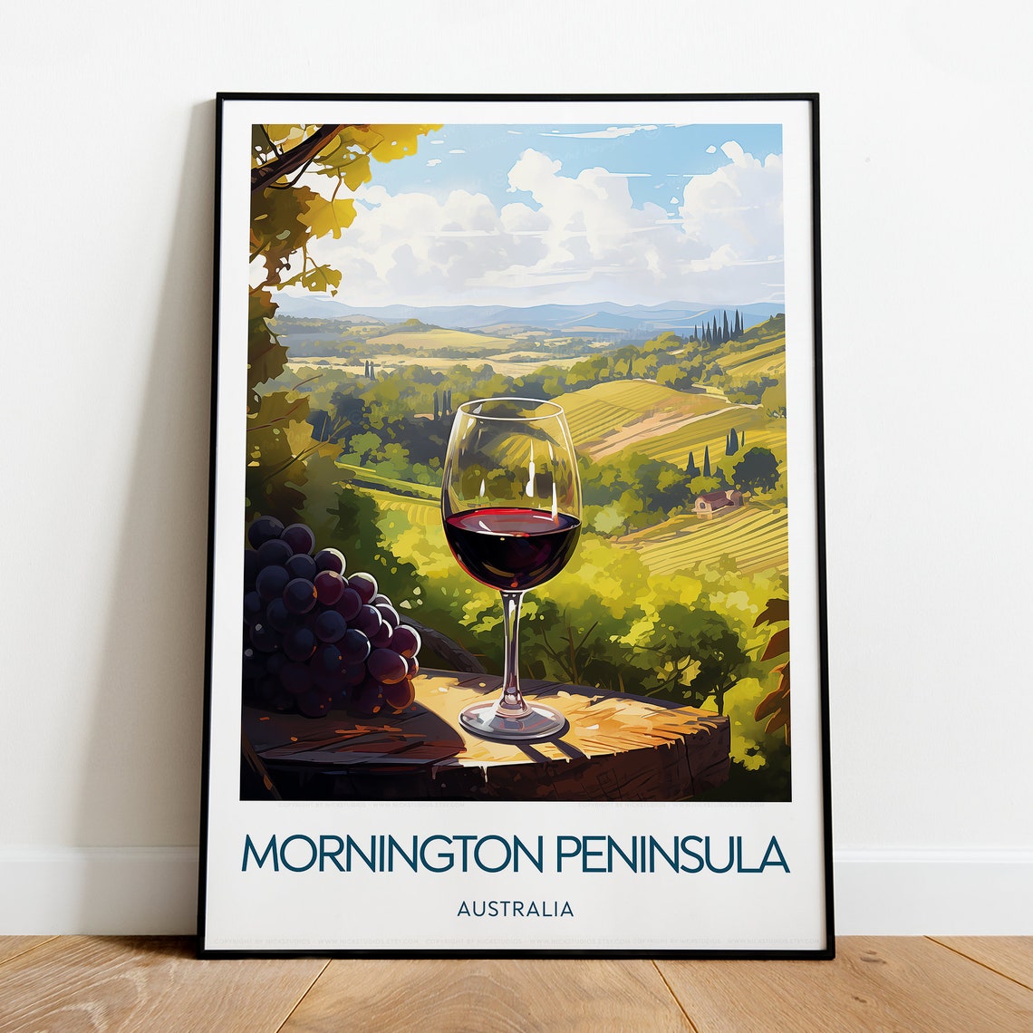 Mornington Peninsula Single Red Wine Glass Over Vineyards Poster - Image 2