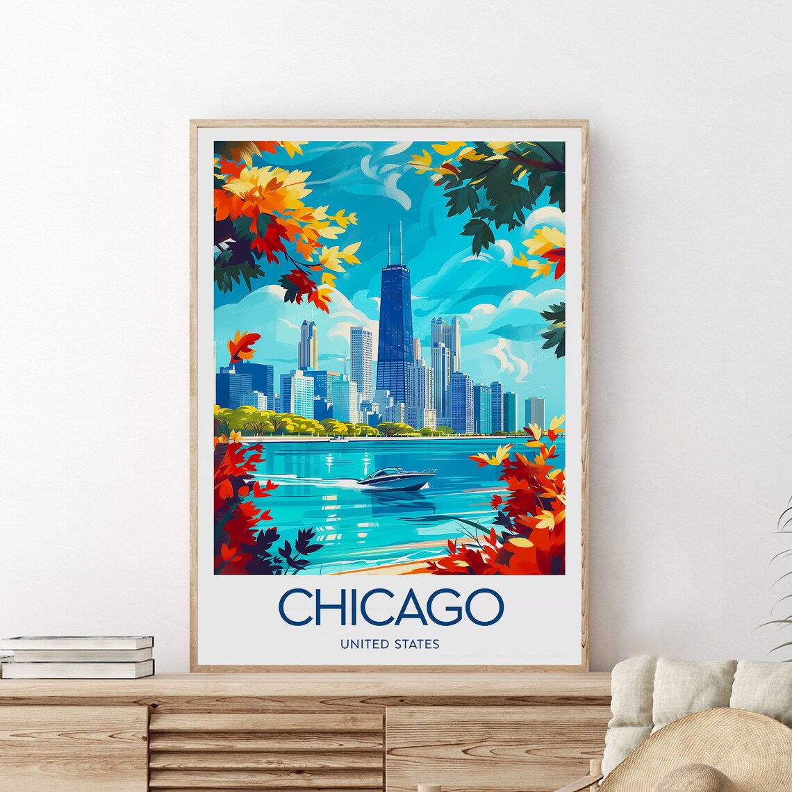Chicago United States Autumn Skyline Lake Michigan Travel Poster