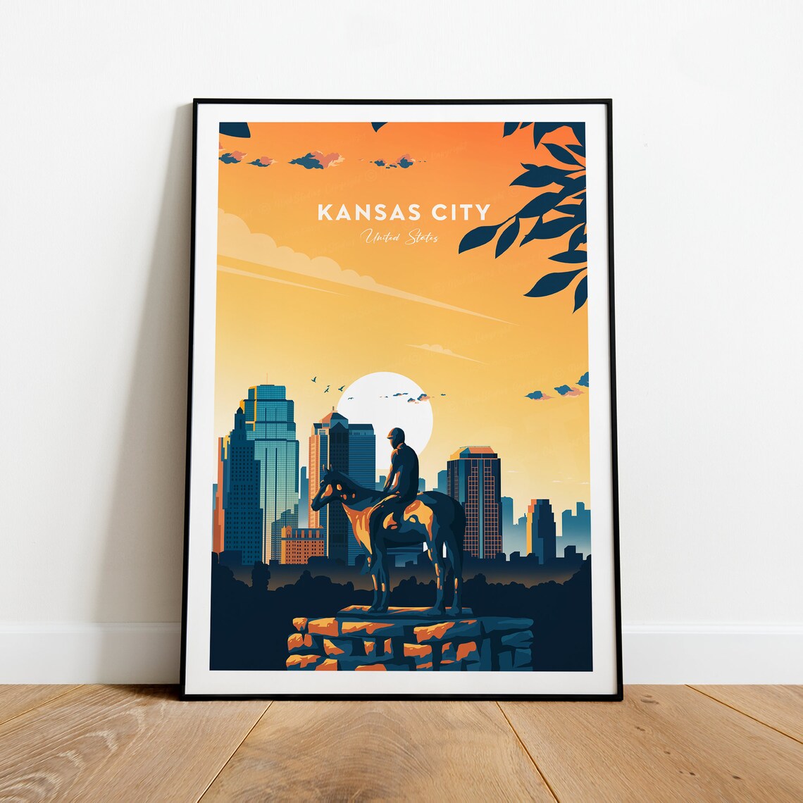 Kansas City Equestrian Statue Sunset Skyline City Travel Poster - Image 2
