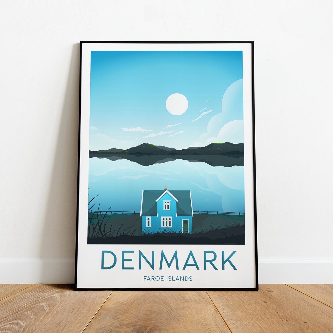 Denmark Faroe Islands Blue House Lake Reflection Travel Poster