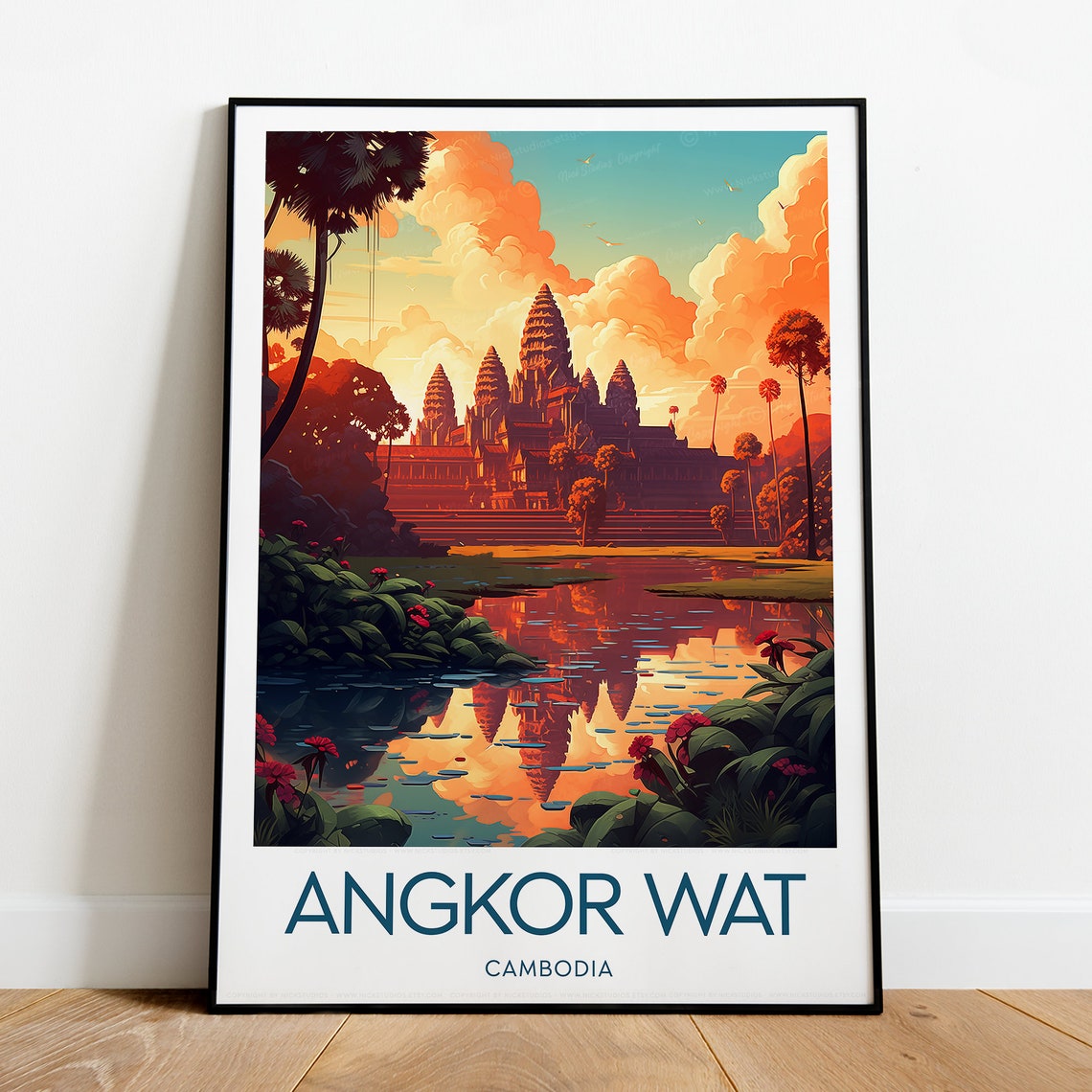Angkor Wat Cambodia Sunrise Temple Reflected in Water Travel Poster