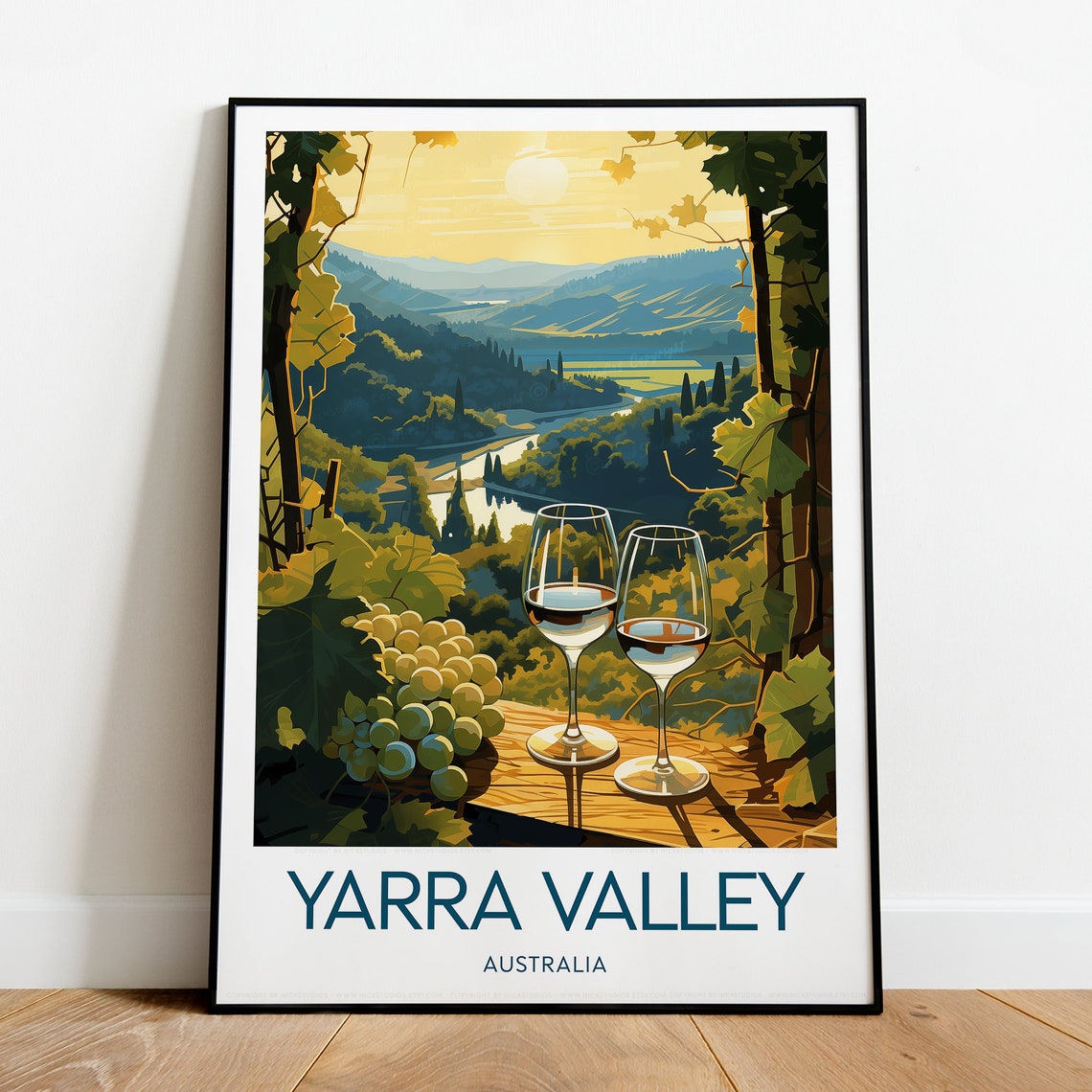 Yarra Valley White Wine Glasses at Sunset Over the River Poster - Image 2