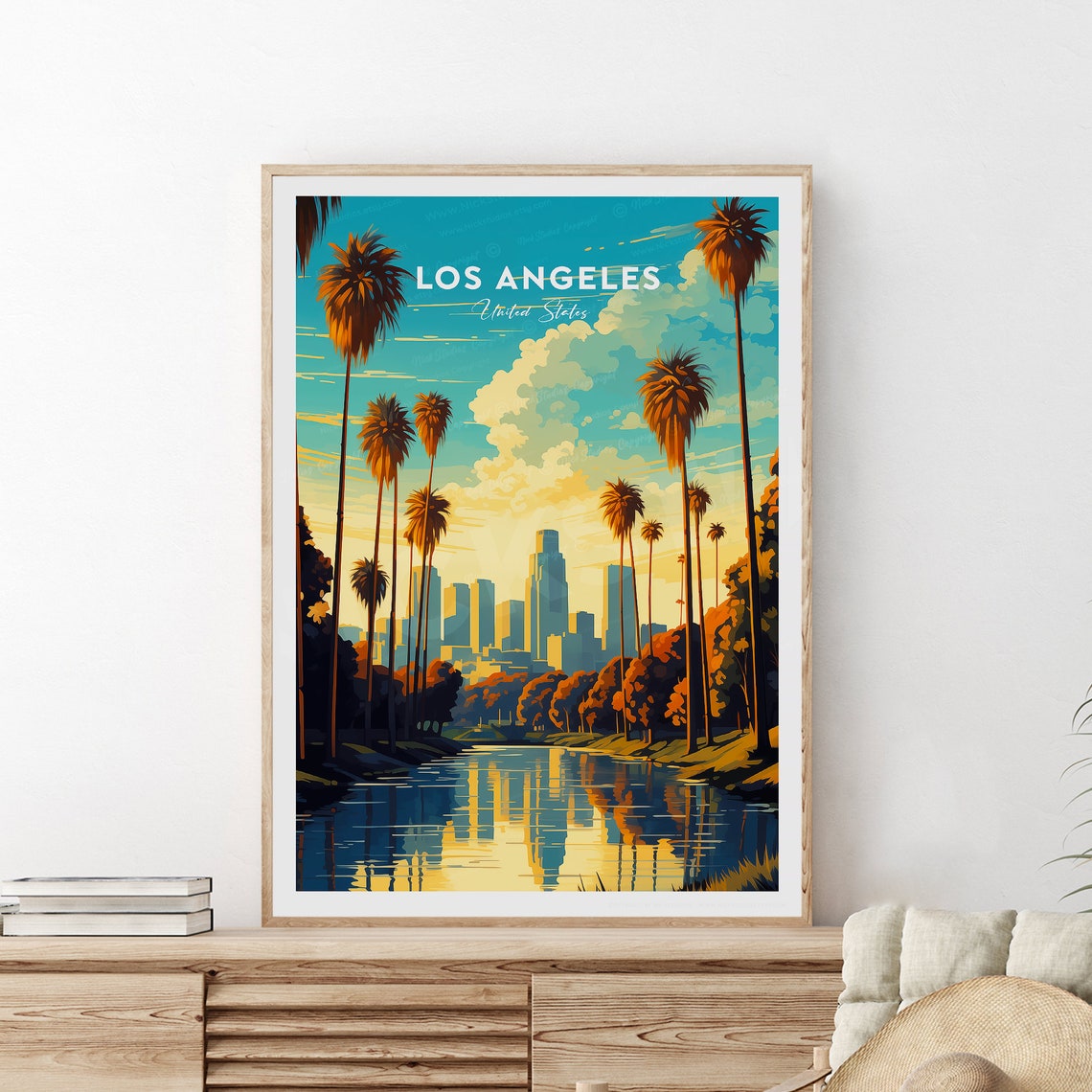 Los Angeles California Palm Tree Skyline Reflection Lake Poster - Image 2